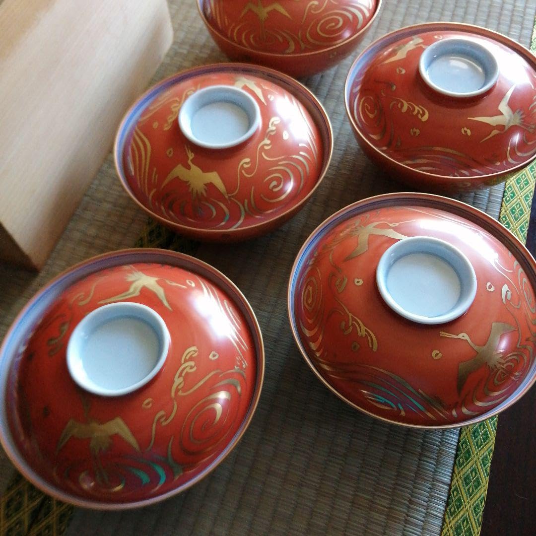 美濃焼　幸兵衛窯　朱赤波鳥煮物碗　5客　16.1cm 美濃焼幸兵衛窯朱赤波鳥煮物碗5客16.1cm